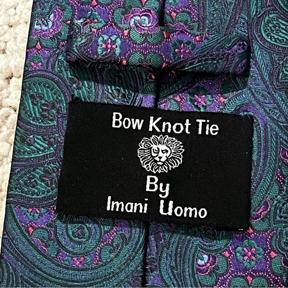 Bow Knot Tie by Imani Uomo Green Purple Paisley Silk Touch Microfibre Colorful - Picture 9 of 9